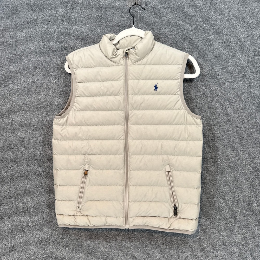 Polo Ralph Lauren Puffer Vest Boys Large 14-16 Beige Quilted Full Zip Sleeveless